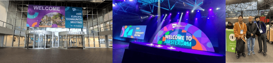 左：会場(Amsterdam RAI)、中央：Keynote speechの様子、右：ベンダーショーケース会場(with Yew Kuannさん