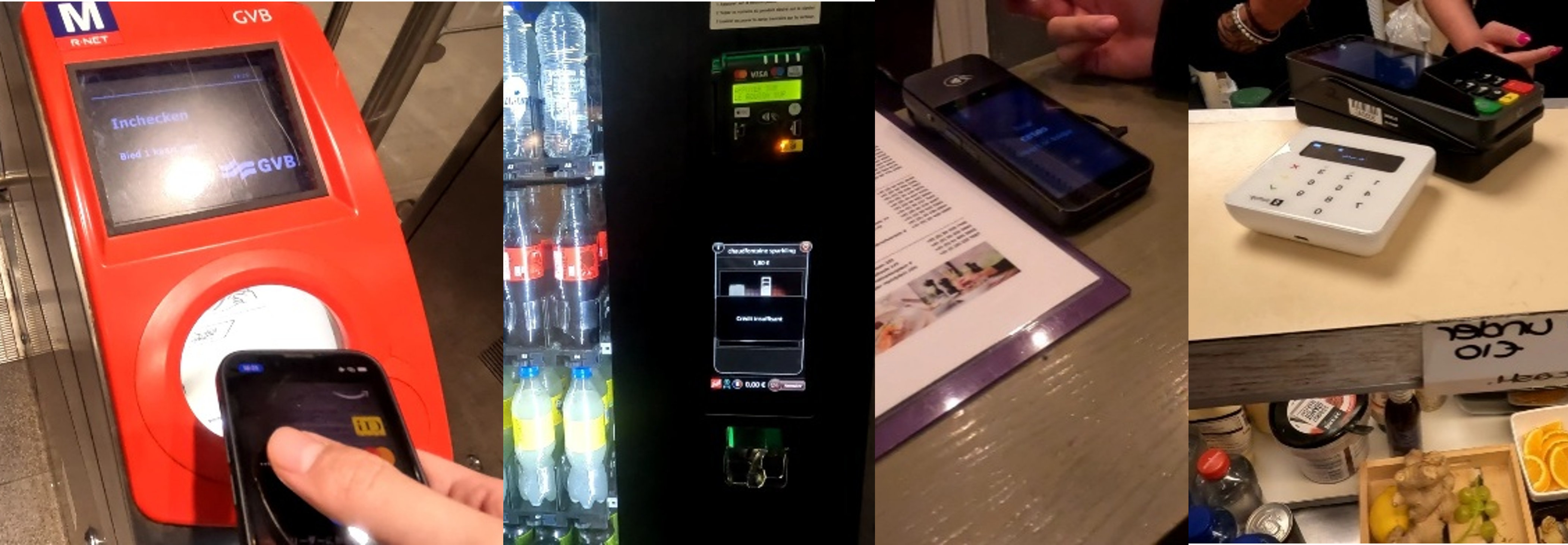 タッチ決済利用シーン（左から地下鉄、自販機、ホテル、飲食店