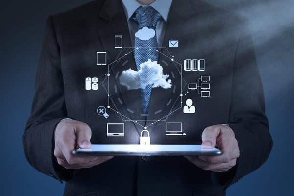 Businessman hand working with a Cloud Computing diagram on the new computer interface as concept