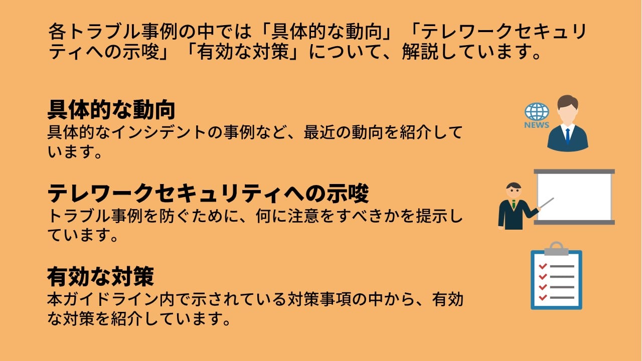 各トラブル事例の中で解説する「具体的な動向」「テレワークセキュリティへの示唆」「有効な対策」