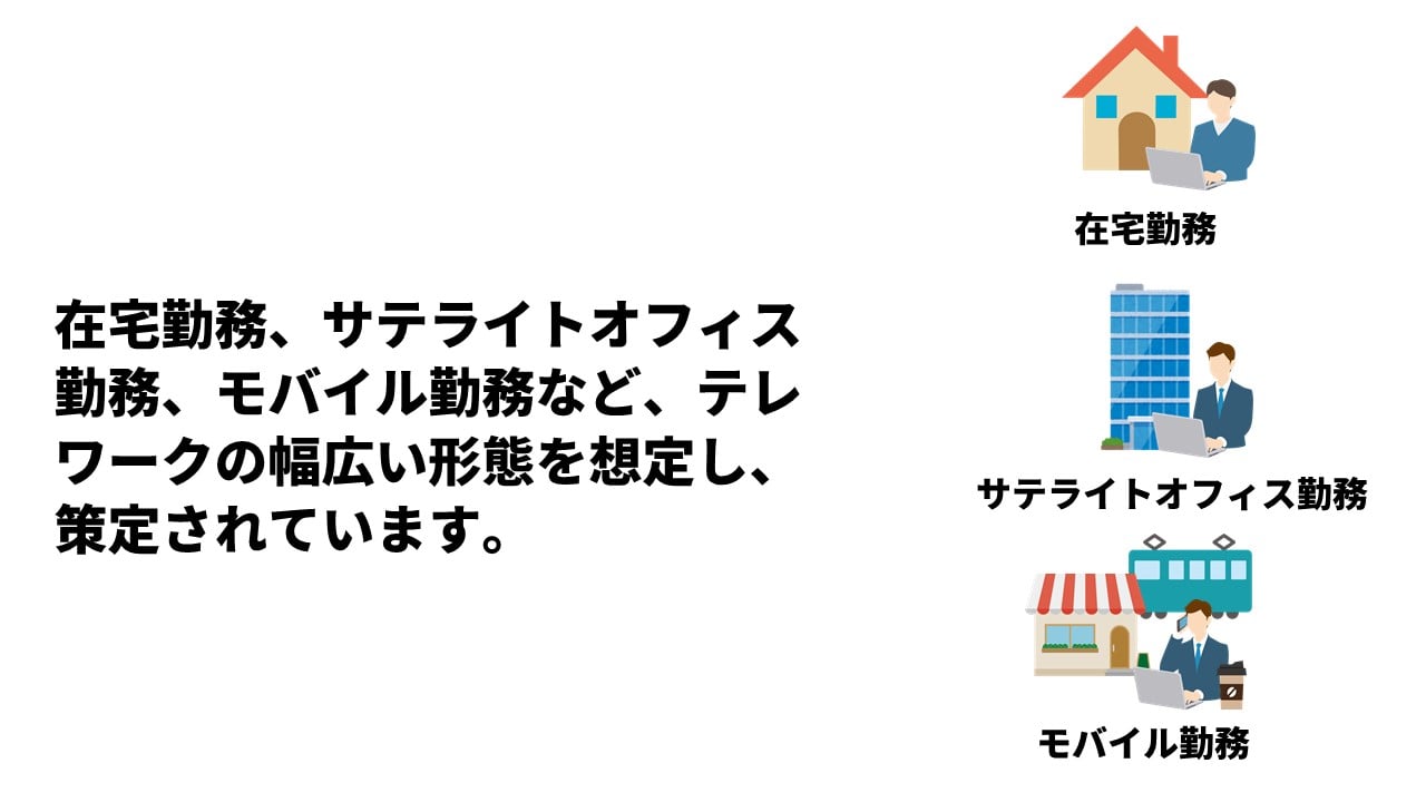 在宅勤務、サテライトオフィス勤務、モバイル勤務など、テレワークの幅広い形態を想定し、策定