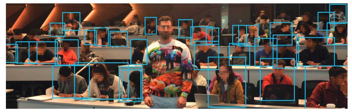 真ん中の人物は特殊な模様の洋服を着て物体検知を回避