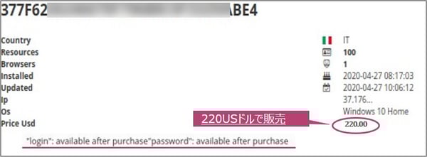 地下マーケットで販売された認証情報のイメージ