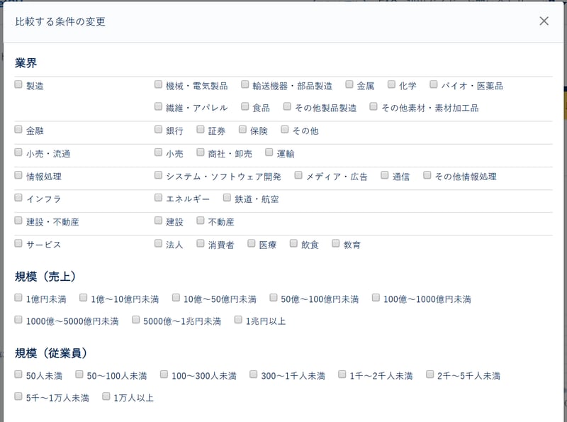 	「企業属性別分析機能」の画面イメージ（属性を絞り込む際の設定画面）