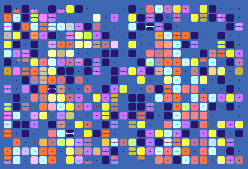 Gamelike geometric multicolored mosaic of squares and split squares, all with rounded corners, along with a scattering of small black dots, on blue-green background