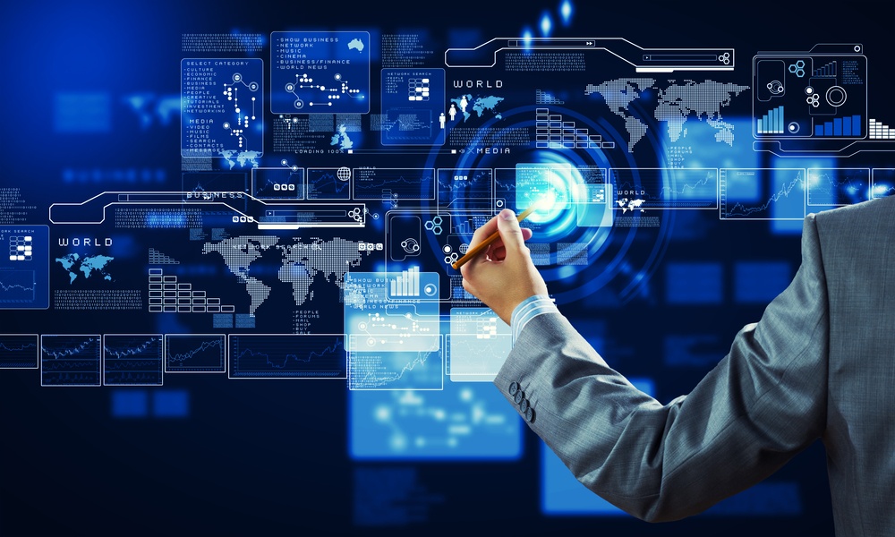 Back view of businessman touching icon of media screen