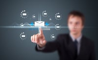 Businessman pressing messaging type of modern icons with virtual background