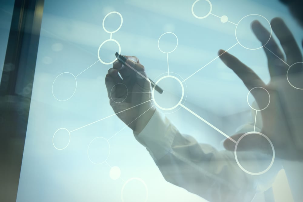 Double exposure of businessman working with new modern computer show social network structure and bokeh exposure-1