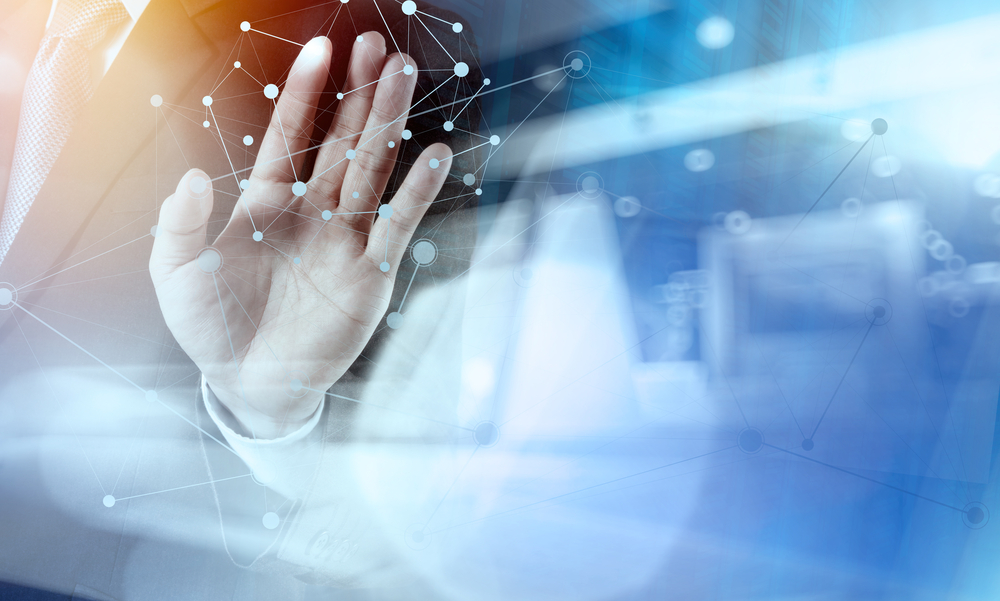 Double exposure of businessman working with new modern computer show social network structure and bokeh exposure