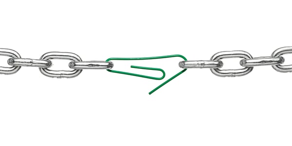 close up of a broken chain and a paper clip on white background