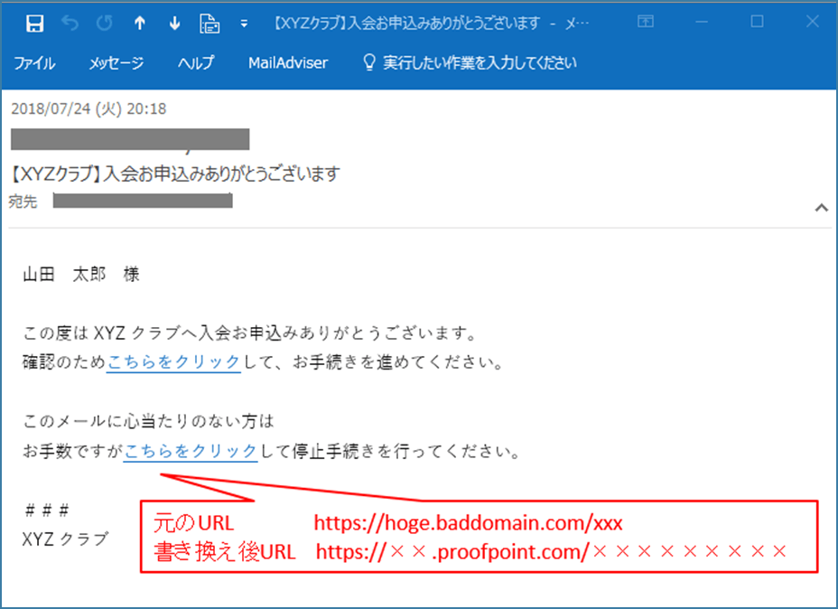 proofpointによるメール本文内のURL解析例